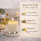 Body oil candle with ingredients highlighted on a marble surface