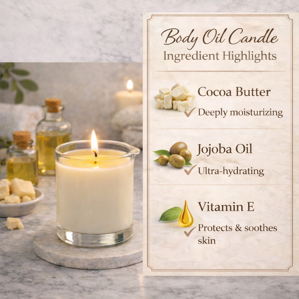 Body oil candle with ingredients highlighted on a marble surface
