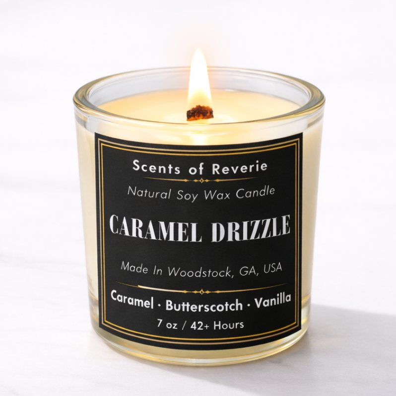 Candle labeled 'Caramel Drizzle' by Scents of Reverie on a white background