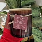 Candle labeled 'Dreamy Gingerbread' held by a person with green plants in the background