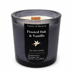 Frosted Oak & Vanilla candle in a black container on a white background