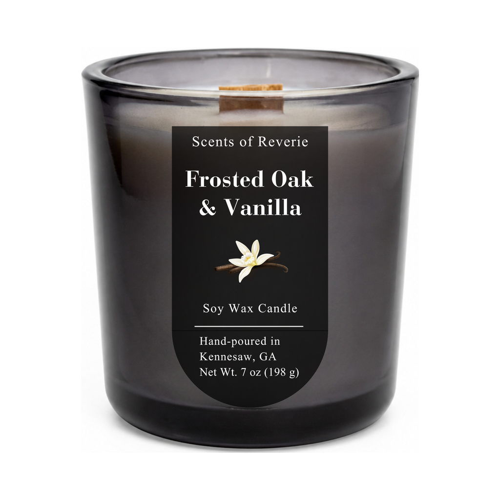 Frosted Oak & Vanilla candle with a label on a white background