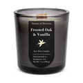 Frosted Oak & Vanilla candle with a label on a white background