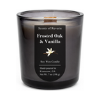 Frosted Oak & Vanilla candle with a label on a white background