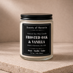 Candle jar labeled 'Scents of Reverie' with 'Frosted Oak & Vanilla' on a beige background