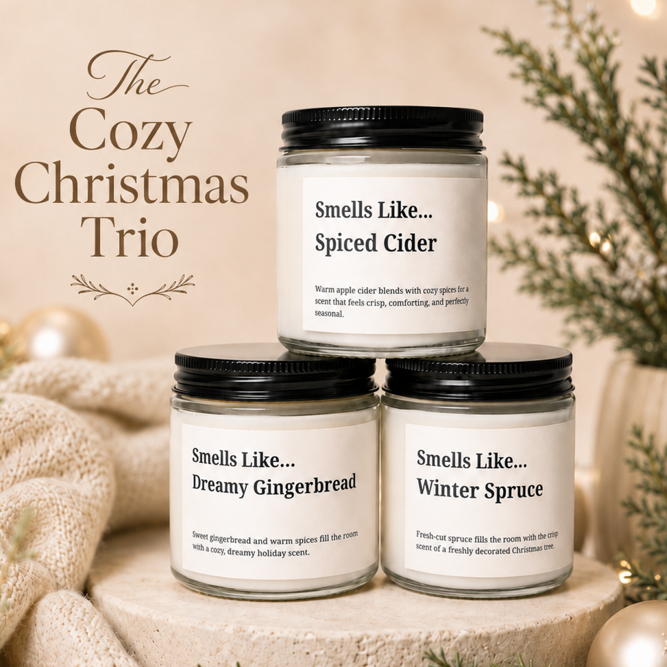 Three candle jars arranged on a stone pedestal with a cozy holiday setup. The top jar reads 'Smells Like.