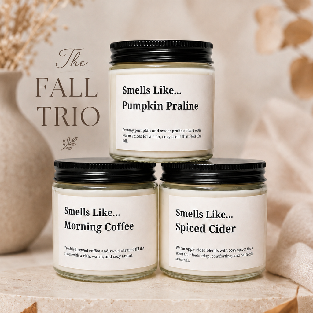 Three scented candles in clear glass jars with black lids are arranged on a stone surface with autumn leaves and draped fabric. The labels read 'Smells Like.