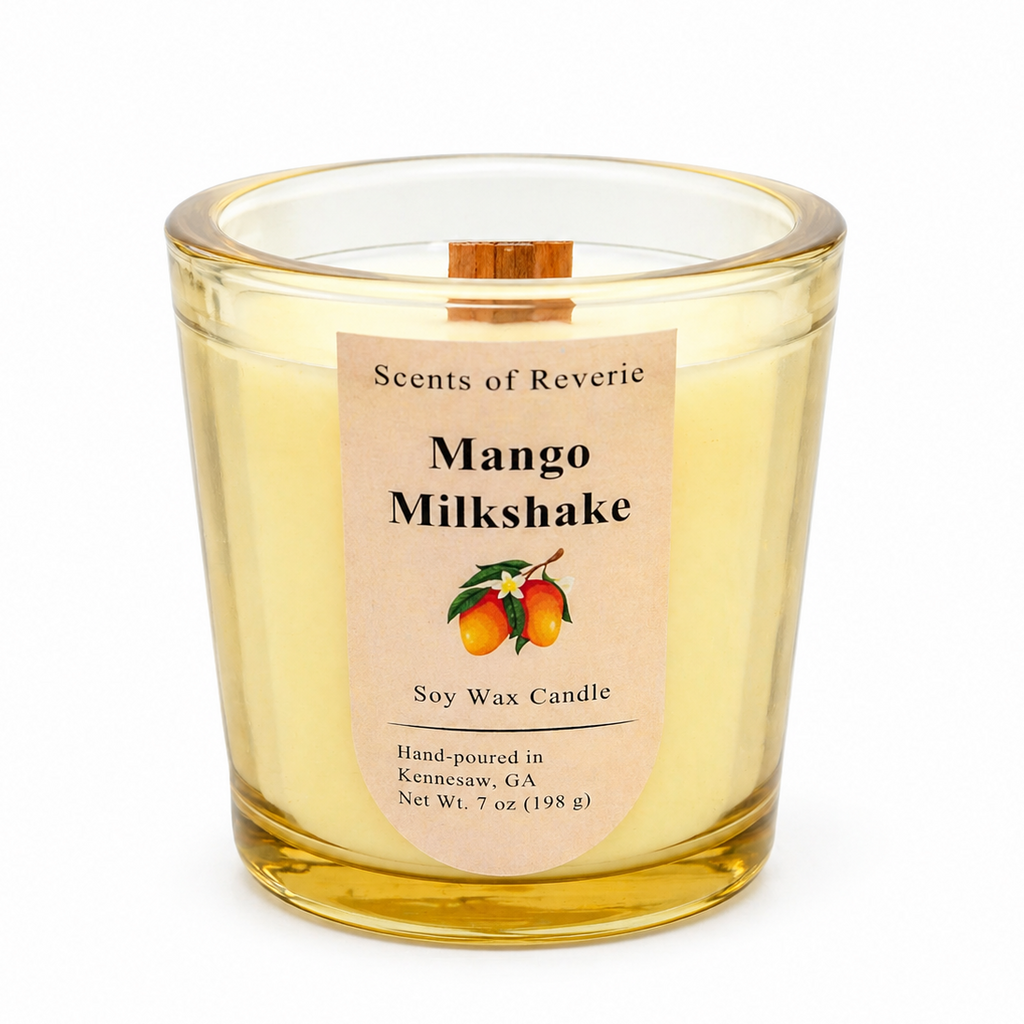 Mango Milkshake candle with a label on a white background
