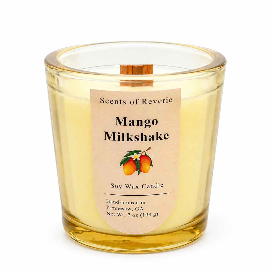 Mango Milkshake candle with a label on a white background