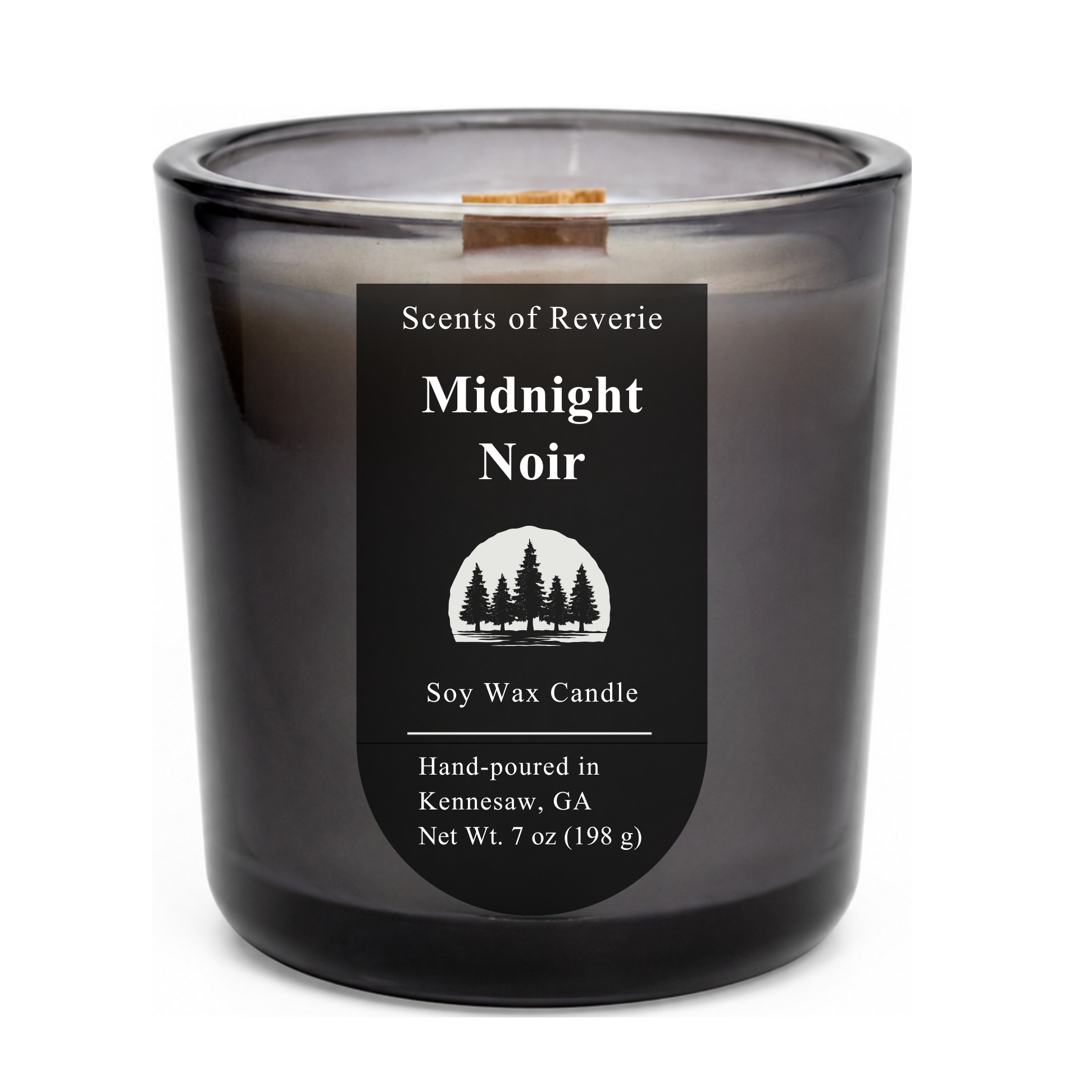 Black candle labeled 'Midnight Noir' by Scents of Reverie on a white background