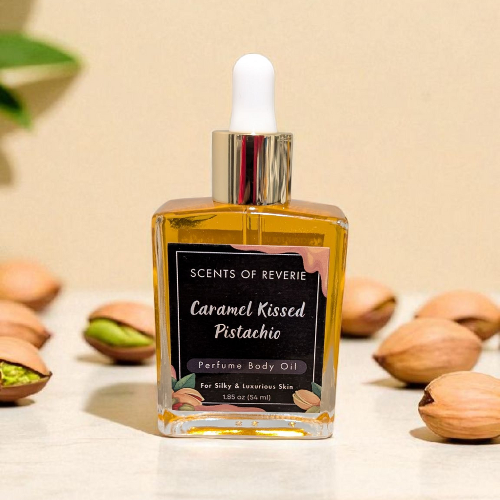 Perfume bottle labeled 'Caramel Kissed Pistachio' with pistachios on a beige background