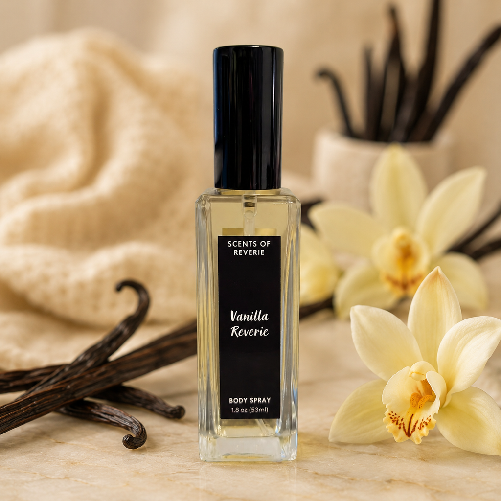 Vanilla Reverie body spray bottle with vanilla beans and an orchid on a neutral background