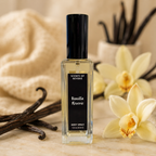 Vanilla Reverie body spray bottle with vanilla beans and an orchid on a neutral background