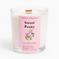Sweet Peony candle with a pink label on a white background