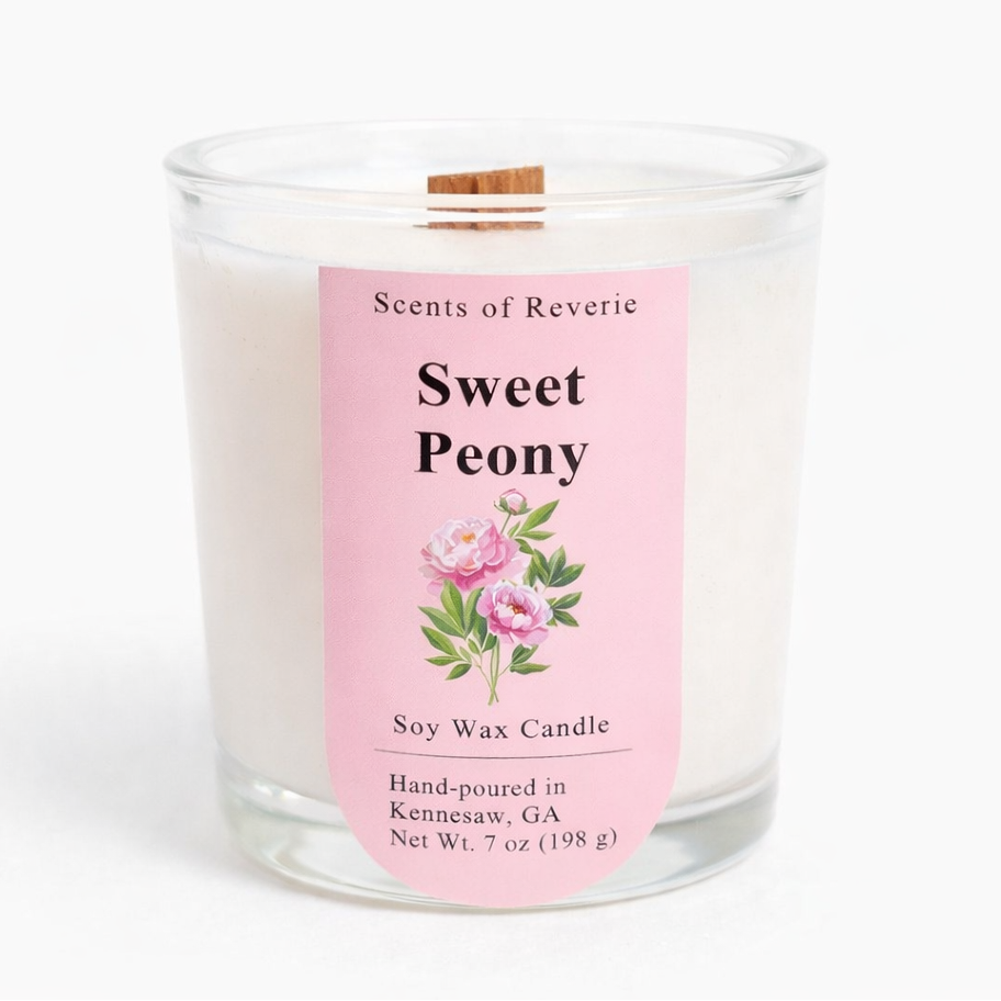 Sweet Peony candle with a pink label on a white background
