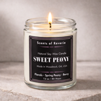 Candle labeled 'Sweet Peony' by Scents of Reverie on a neutral background