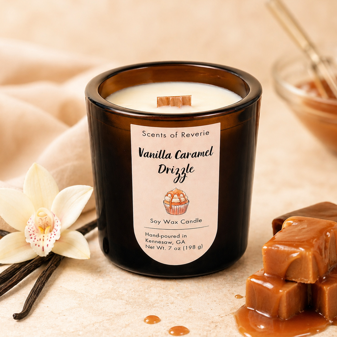 Vanilla Caramel Drizzle candle by Scents of Reverie with vanilla beans and caramel on a beige background