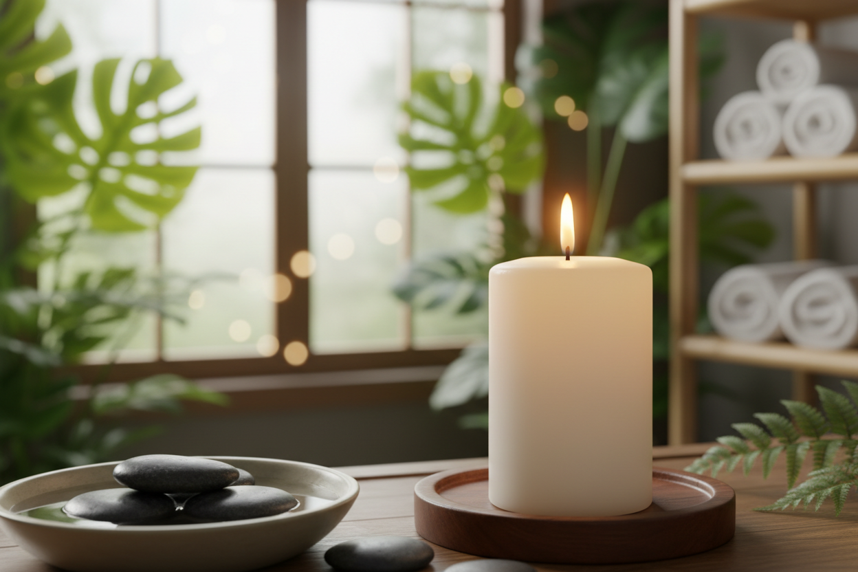 candle burning with spa background and plants
