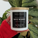 Candle labeled 'Mossy Meadows' held in front of a green plant